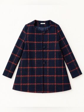 Italian Wool Blend Plaid Coat Navy Orange | Luxury Classic Euro | Women’s S